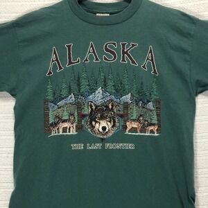 Vintage Prairie Mountain Alaska Wolf Graphic T-Shirt Green Mens Large USA Made